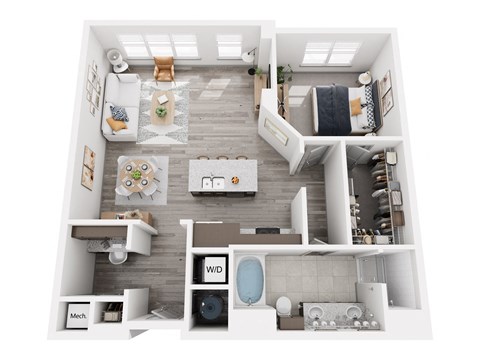 Floor plan for 1 bed, 1 bath, 986 sqft